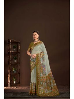 Suha - Grey Polyester Crepe Printed Saree with Unstitched Blouse