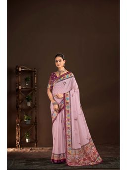 Suha - Pink Polyester Crepe Printed Saree with Unstitched Blouse