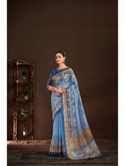Suha - Blue Polyester Crepe Printed Saree with Unstitched Blouse