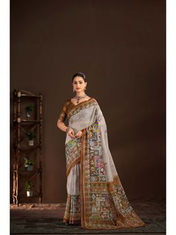 Suha - Off White Polyester Crepe Printed Saree with Unstitched Blouse