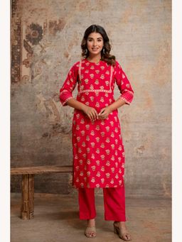 Anurang - Women Floral Printed Pure Red Cotton Kurta With Pant