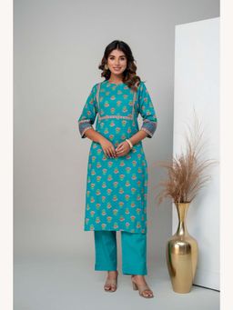Anurang - Women Floral Printed Pure Blue Cotton Kurta With Pant
