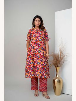 Anurang - Women Floral Printed Pure Cotton A-Line Red Kurta With Pant