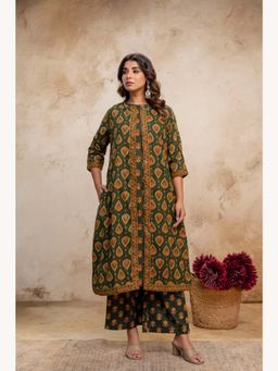 Anurang - Women Ajrakh Printed Pure Cotton A-Line Green Kurta with Inner & Jacket