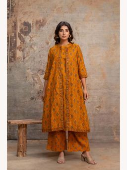 Anurang - Women Ajrakh Printed Pure Cotton A-Line Mustard Kurta with Inner & Jacket