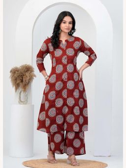Anurang - Women Ethnic Printed Pure Cotton Princess Cut A-Line Maroon Kurta With Palazzo