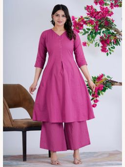 Anurang - Women Solid Pure Cotton A-Line Pink Kurta With Palazzo