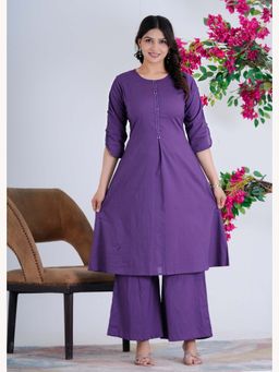 Anurang - Women Solid A-Line Pure Cotton Purple Kurta With Palazzo