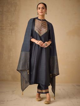 Women Plus - Dark Grey Embroidered Silk Kurta with Pant & Dupatta
