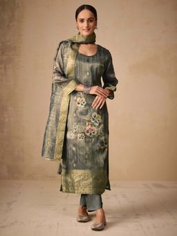 Women Plus - Digitally Jacquard Shimmer Silk Kurta with Pant & Dupatta