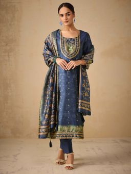 Women Plus - Digitally Blue Jacquard Silk Kurta with Pant & Dupatta
