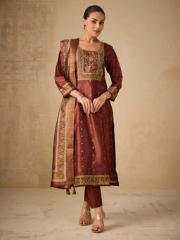 Women Plus - Digitally Jacquard Silk Kurta with Pant & Dupatta