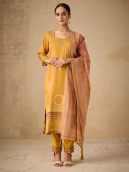 Women Plus - Digitally Mustard Shimmer Silk Kurta with Pant & Dupatta
