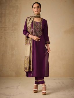 Women Plus - Embroidered Viscose Silk Kurta with Pant & Dupatta