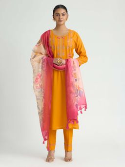 Women Plus - Carrot Orange Embroidered Viscose Rayon Kurta with Pant & Dupatta