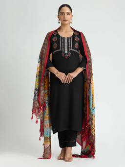Women Plus - Black Embroidered Viscose Rayon Kurta with Pant & Dupatta
