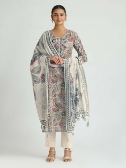 Women Plus - Pastel Grey Embroidered Pure Malai Cotton Kurta with Pant & Dupatta