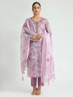 Women Plus - Lavender Embroidered Pure Malai Cotton Kurta with Pant & Dupatta