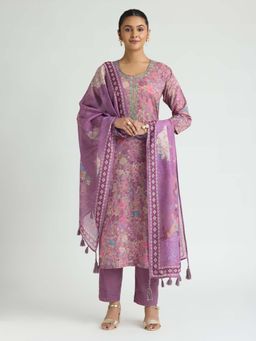 Women Plus - Dusky Purple Embroidered Pure Malai Cotton Kurta with Pant & Dupatta