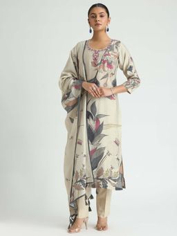Women Plus - Platinum Embroidered Digitally Printed Viscose Kurta with Pant & Dupatta