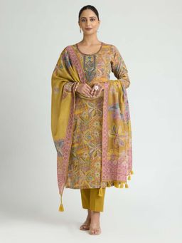 Women Plus - Alpine Mustard Embroidered Pure Malai Cotton Kurta with Pant & Dupatta