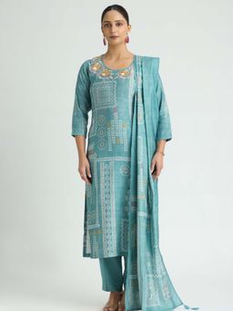 Women Plus - Neptune Blue Embroidered Digitally Printed Viscose Kurta with Pant & Dupatta