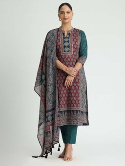 Women Plus - Espresso Embellished Print Pure Cotton Kurta with Pant & Dupatta