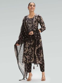 Women Plus - Purple Taupe Embroidered Pure Cotton Kurta with Pant & Dupatta
