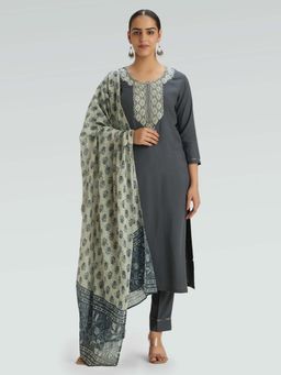 Women Plus - Shuttle Grey Embroidered Viscose Rayon Kurta with Pant & Dupatta
