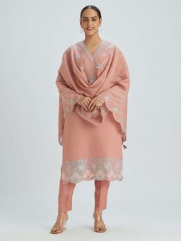 Women Plus - Rose Pink Embroidered Viscose Mul Chanderi Silk Kurta with Pant & Dupatta