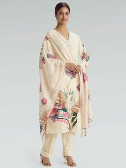 Women Plus - Eggshell White Embroidered Digitally Printed Cotton Linen Kurta with Pant & Dupatta