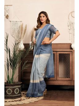BFM - Blue Printed Linen Ready To Wear Saree With Unstitched Blouse
