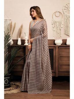 BFM - Brown Printed Linen Ready To Wear Saree With Unstitched Blouse