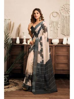 BFM - Cream Printed Linen Ready To Wear Saree With Unstitched Blouse