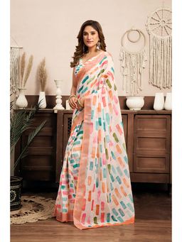 BFM - Multi Printed Linen Ready To Wear Saree With Unstitched Blouse