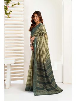 BFM - Teal Printed Linen Ready To Wear Saree With Unstitched Blouse