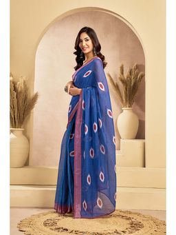 BFM - Blue Printed Linen Ready To Wear Saree With Unstitched Blouse