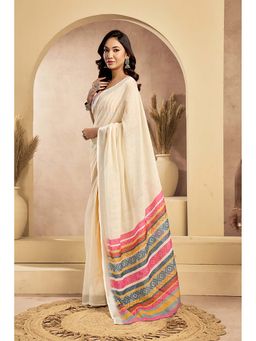 BFM - Cream Printed Linen Ready To Wear Saree With Unstitched Blouse