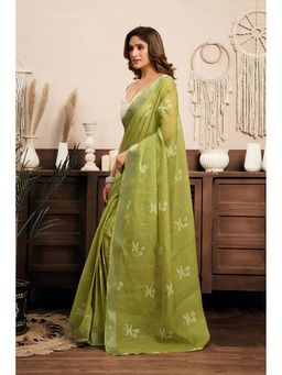 BFM - Green Printed Linen Ready To Wear Saree With Unstitched Blouse