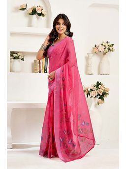 BFM - Magenta Printed Linen Ready To Wear Saree With Unstitched Blouse