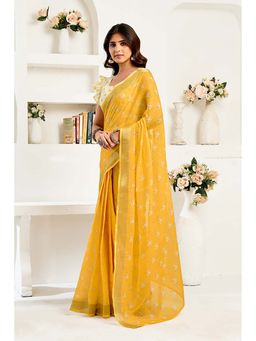 BFM - Mustard White Printed Linen Ready To Wear Saree With Unstitched Blouse