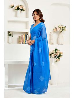 BFM - Blue Printed Linen Ready To Wear Saree With Unstitched Blouse