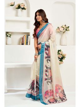 BFM - Off-White Printed Linen Ready To Wear Saree With Unstitched Blouse