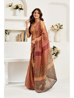 BFM - Brown Printed Linen Ready To Wear Saree With Unstitched Blouse