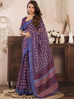 BFM - Navy Blue Printed Linen Ready To Wear Saree With Unstitched Blouse