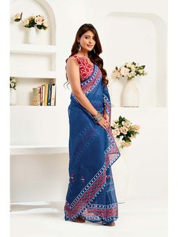 BFM - Navy Blue Printed Linen Ready To Wear Saree With Unstitched Blouse