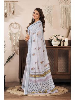 BFM - White Printed Linen Ready To Wear Saree With Unstitched Blouse