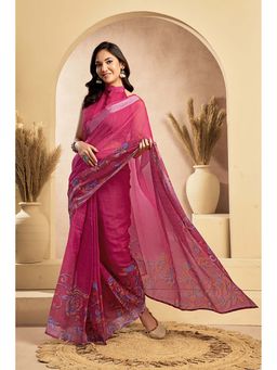 BFM - Magenta Printed Linen Ready To Wear Saree With Unstitched Blouse