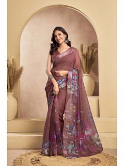 BFM - Brown Printed Linen Ready To Wear Saree With Unstitched Blouse