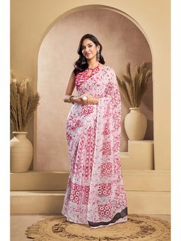 BFM - White Printed Linen Ready To Wear Saree With Unstitched Blouse
